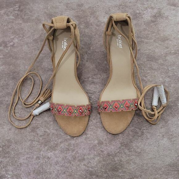 Botkier Penelope Tan Suede Embroidered Ankle Lace Up Heeled Sandals NEW Womens 8 - Picture 3 of 10